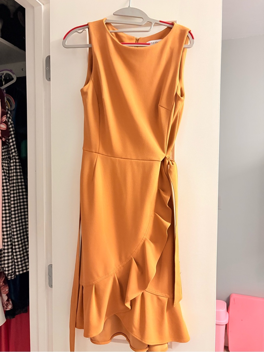 Sleeveless Mustard Ruffle Wrap Dress